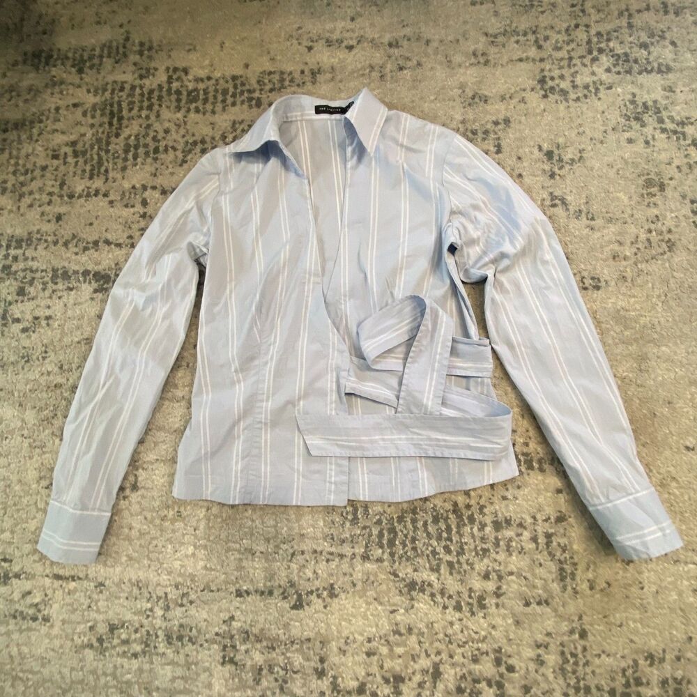The Limited Women XS Blue White Striped Faux Wrap Top Tie Waist Long Sleeve Blou